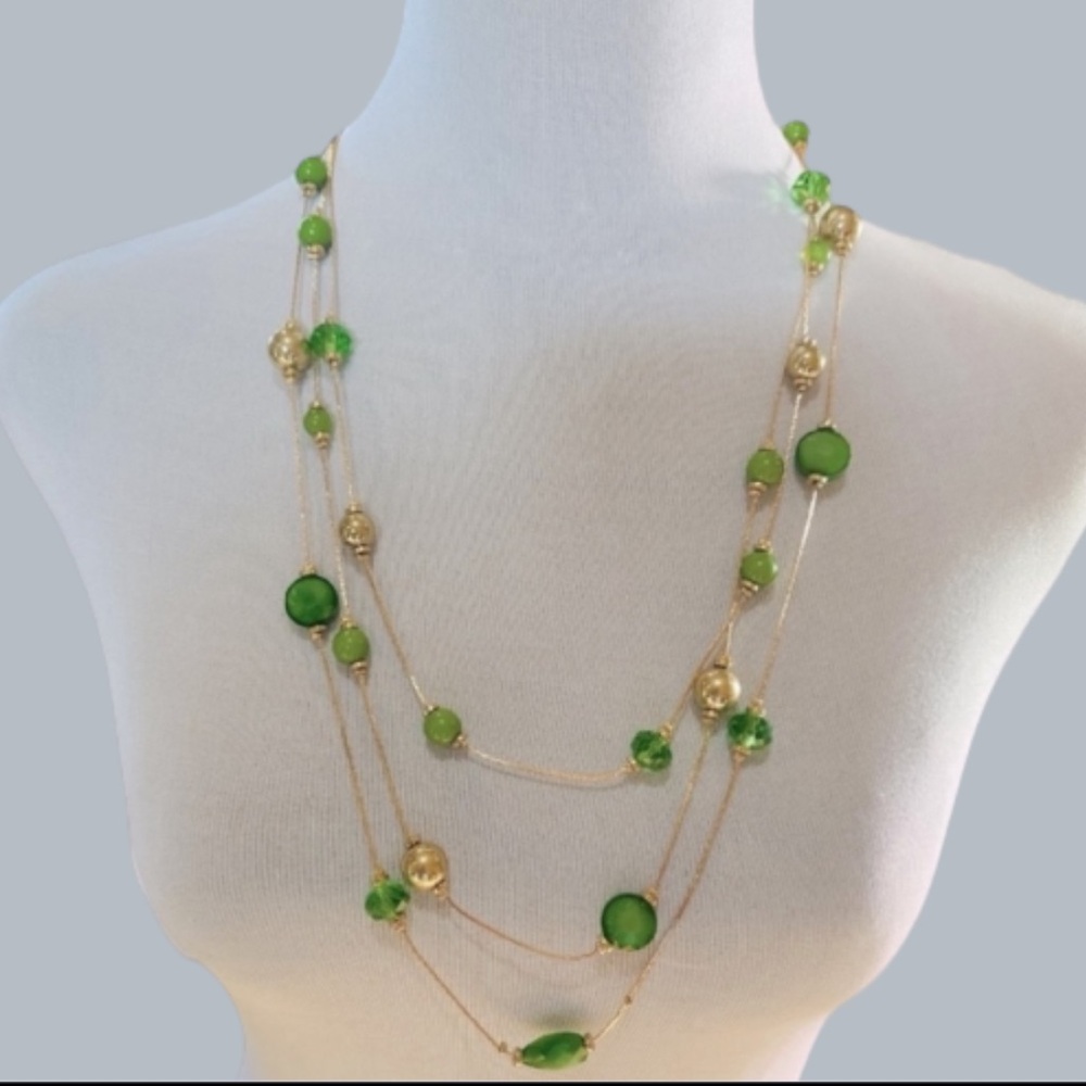 SET NOIR Multi layer Green stone and beaded Gold necklace set with earrings